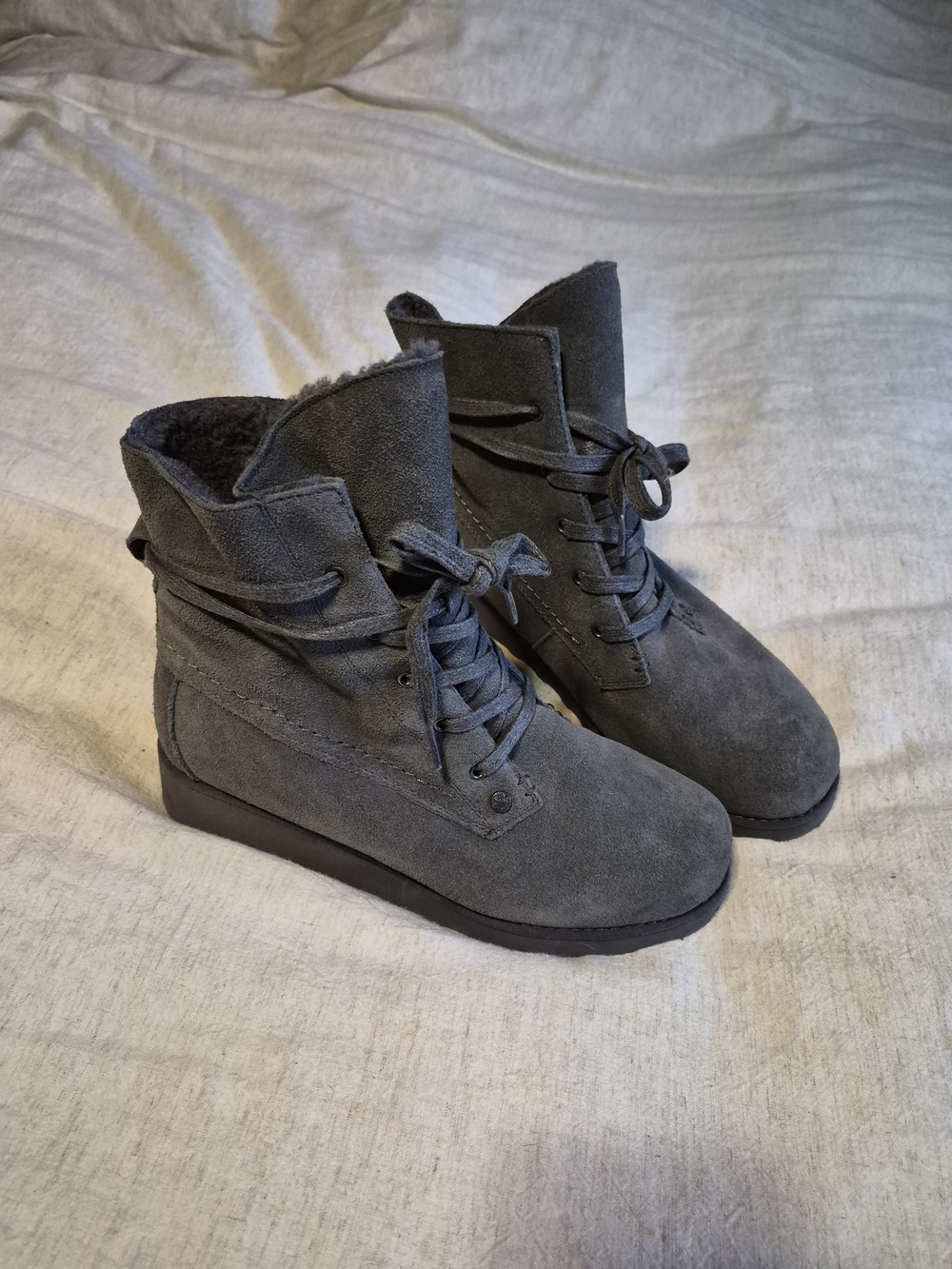 BearPaw Women's Lace-Up Suede, Wool And Sheepskin Ankle Boots in Dark Gray - Picture 3 of 15